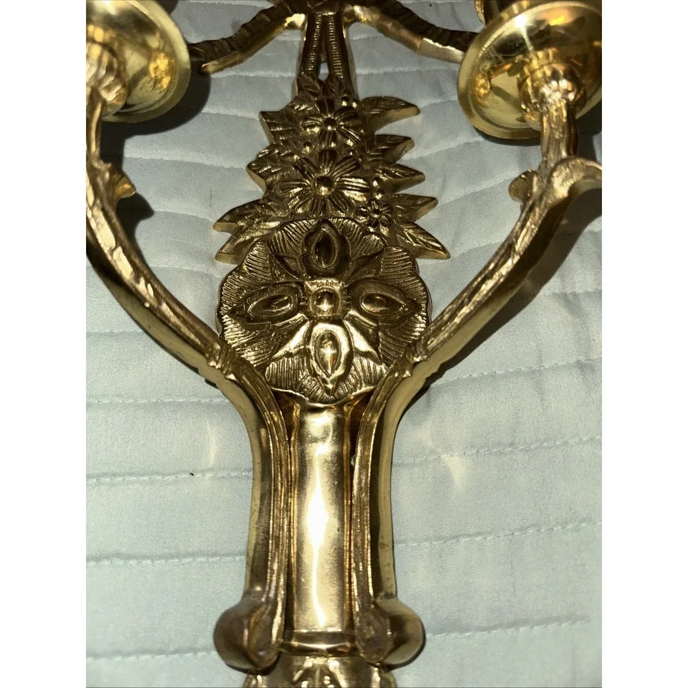 Brass Wall Sconces Pair Decorative Candle Holders with Floral and Bow Design
